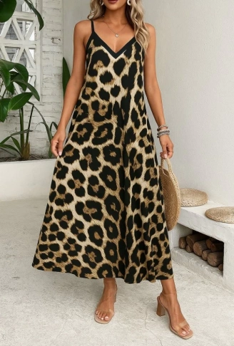 Kadın Ip Askılı Geniş V Yakalı Leopar Desenli Süprem Elbise