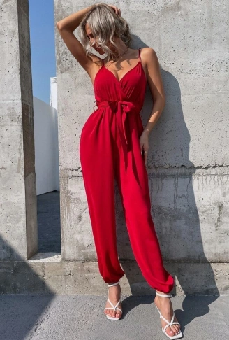 Kadın Ip Askılı Kruvaze Yakalı Belden Kuşaklı Uzun Sandy Tulum