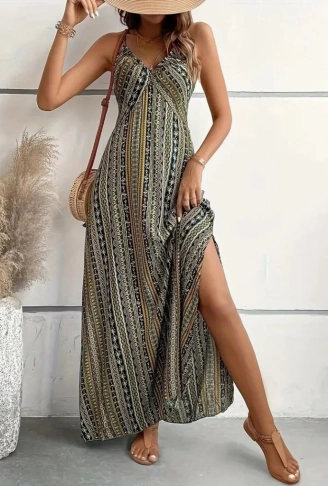 Kadın Ip Askılı Sırttan çapraz Detaylı Yırtmaçlı Desenli Süprem Elbise