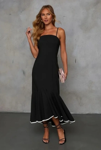 Kadın Ip Askılı Straplez Kesim Detay Maksi Boy Janjan Krep Elbise