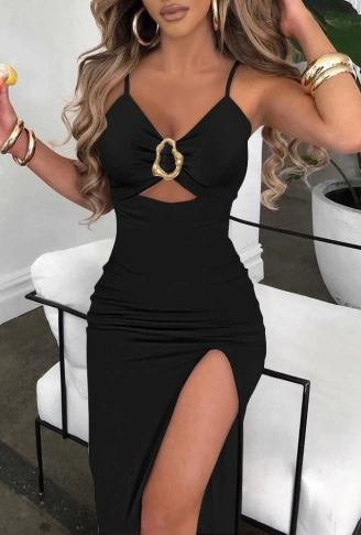 Kadın Ip Askılı Toka Detaylı Yırtmaçlı Janjan Krep Elbise