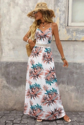 Kadın Ip Askılı V Yakalı Beli Dantelli Uzun Süprem Elbise