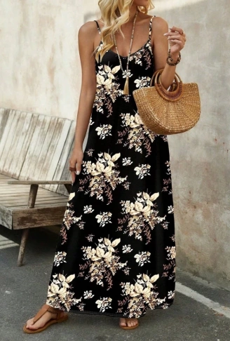 Kadın Ip Askılı V Yakalı çiçek Desenli Süprem Elbise