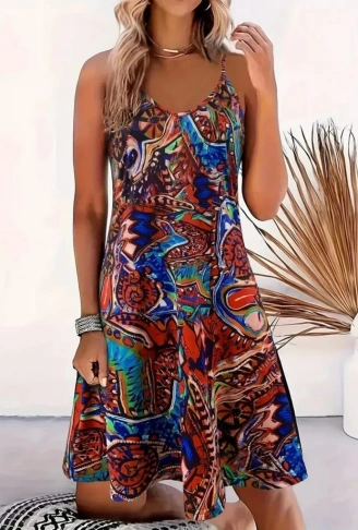 Kadın Ip Askılı V Yakalı Desenli Kısa Süprem Elbise