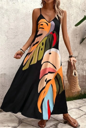 Kadın Ip Askılı V Yakalı Desenli Süprem Maxi Elbise