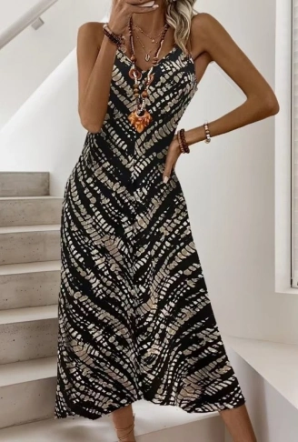 Kadın Ip Askılı V Yakalı Desenli Uzun Süprem Elbise
