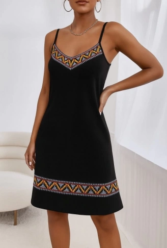 Kadın Ip Askılı V Yakalı Etnik Desenli Detaylı Elbise