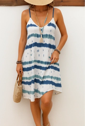 Kadın Ip Askılı V Yakalı Karışık Renkli Süprem Elbise