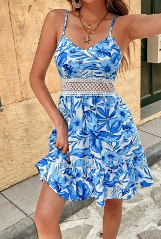 Kadın Ip Askılı V Yakalı Kısa Desenli Süprem Elbise