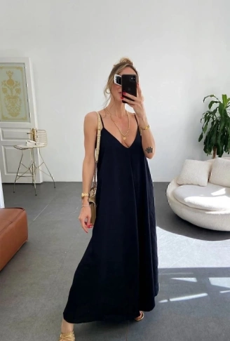 Kadın Ip Askılı V Yakalı Uzun Aerobin Elbise