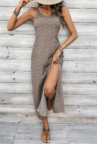 Kadın Ip Askılı V Yakalı Yırtmaçlı Uzun Süprem Elbise