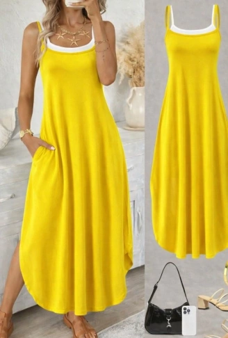 Kadın Ip Askılı Yuvarlak Yakalı Cepli Uzun Viskon Elbise