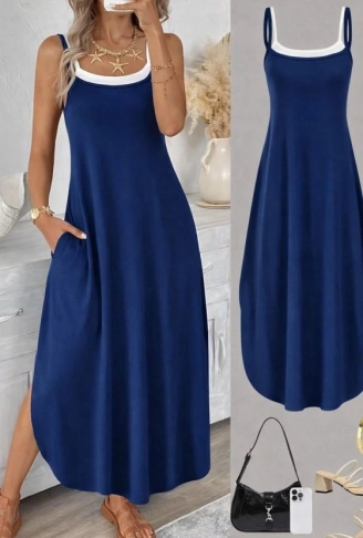 Kadın Ip Askılı Yuvarlak Yakalı Cepli Uzun Viskon Elbise