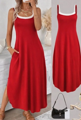 Kadın Ip Askılı Yuvarlak Yakalı Cepli Uzun Viskon Elbise