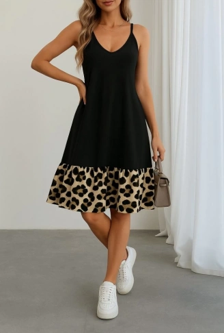 Kadın Ip Detaylı Kısa Elbise Askılı Yuvarlak Yakalı Viskon Etek Süprem Elbise