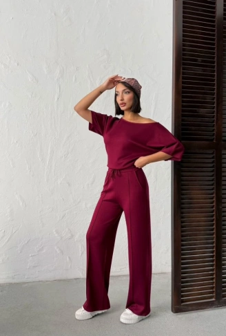 Kadın İsa Kollu Kayık Yaka Bluz Ve Pantolon Misal Kumaş Ikili Takım