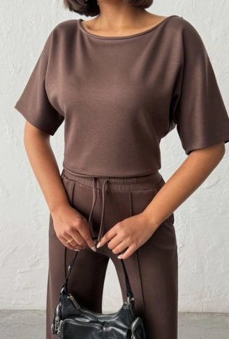 Kadın İsa Kollu Kayık Yaka Bluz Ve Pantolon Misal Kumaş Ikili Takım