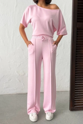 Kadın İsa Kollu Kayık Yaka Bluz Ve Pantolon Misal Kumaş Ikili Takım