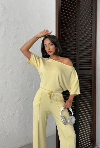 Kadın İsa Kollu Kayık Yaka Bluz Ve Pantolon Misal Kumaş Ikili Takım