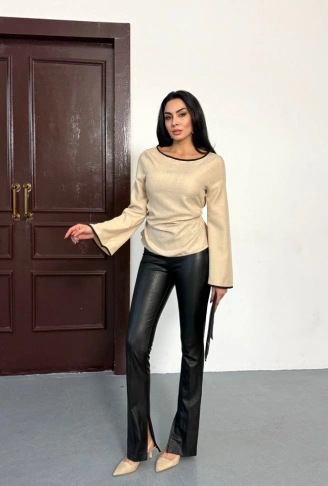 Kadın İspanyol Kol Arkası Bağcık Ip Detay Keten Bluz