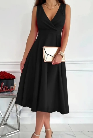 Kadın Ithal Krep Kumaş Kruvaze Yaka Eteği Kloş Kolsuz Mini Elbise