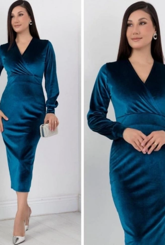 Kadın Kadife Kumaş Manşetli V Yaka Şık Kalem Elbise