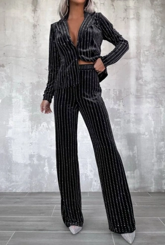 Kadın Kadife Kumaş üzerine Taş Işlemeli Ceket Pantolon Ikili Takım