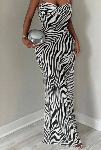 Kadın Kadın Ip Askılı Dökümlü Yaka Zebra Desen Maxi Boy Elbise