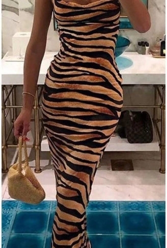 Kadın Kadın Ip Askılı Dökümlü Yaka Zebra Desen Maxi Boy Elbise