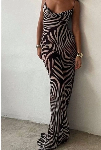 Kadın Kadın Ip Askılı Dökümlü Yaka Zebra Desen Maxi Boy Elbise