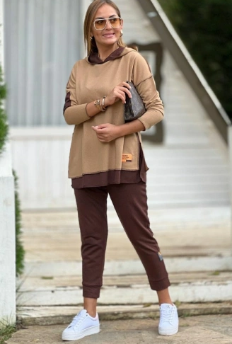 Kadın Kahve Kapşonlu Etek Ucu Detay Arma Ters Dikiş Gorunumlu Ikili Takım