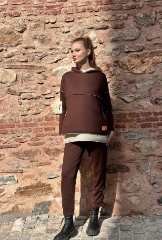 Kadın Kahve Kapşonlu Etek Ucu Detay Arma Ters Dikiş Gorunumlu Ikili Takım