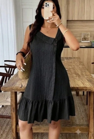 Kadın Kalın Askılı Asimetrik Yaka Etek Ucu Fırfır Detaylı Krınkıl Elbise