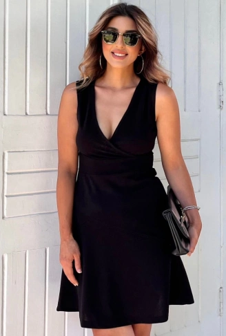 Kadın Kalın Askılı Kruvaze Yaka Eteği Volanlı Krep Elbise