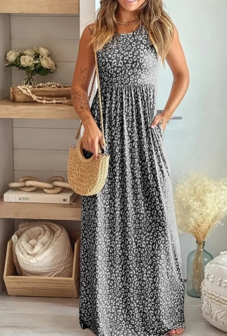 Kadın Kalın Askılı Yuvarlak Yaka Cepli Süprem Maksi Elbise