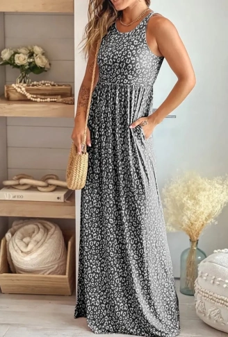 Kadın Kalın Askılı Yuvarlak Yaka Cepli Süprem Maksi Elbise