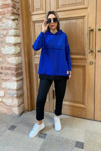 Kadın Kapşonlu Etek Ucu Detay Armalı Ters Dikiş Gorunumlu Ikili Takım