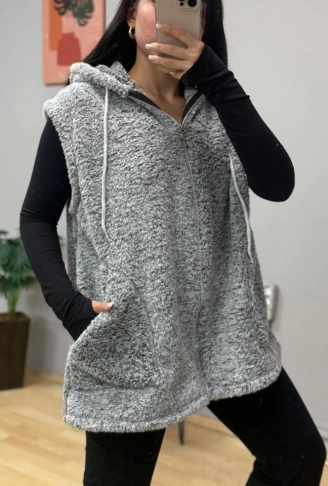 Kadın Kapüşon Ve Fermuar Detay Welsoft Kolsuz Yelek