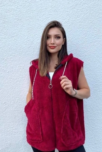 Kadın Kapüşon Ve Fermuar Detay Welsoft Kolsuz Yelek