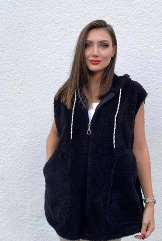 Kadın Kapüşon Ve Fermuar Detay Welsoft Kolsuz Yelek