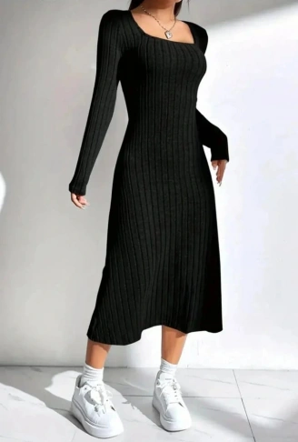 Kadın Kare Yaka Fitilli Kaşkorse Kumaş Midi Boy Elbise