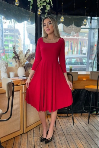 Kadın Kare Yaka Truvakar Kol Fırsat ürün Midi Boy Elbise