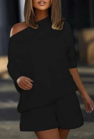 Kadın Kayık Yaka Salaş Iki Iplik Bluz Ve şort Ikili Takım