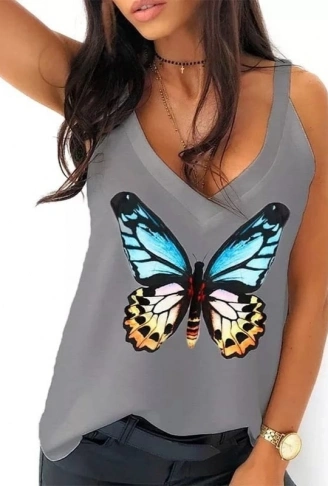 Kadın Kelebek Baskılı Sandy Kumaş Askılı Bluz