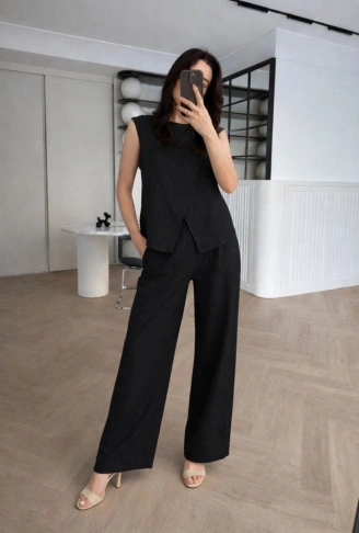 Kadın Keten Kumaş Asimetrik Kesim Bluz Ve Salaş Pantolon Ikili Takım