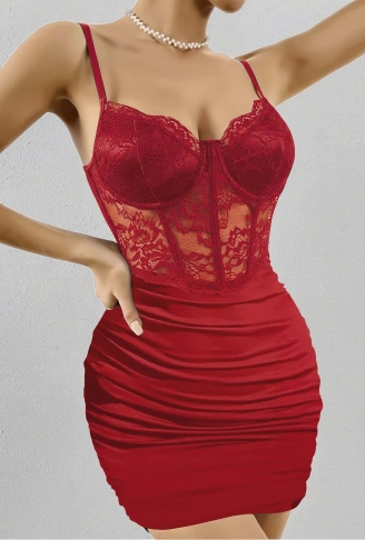 Kadın Kırmızı Transparan Karın ve Dantel Detaylı Gece Kıyafeti 5150