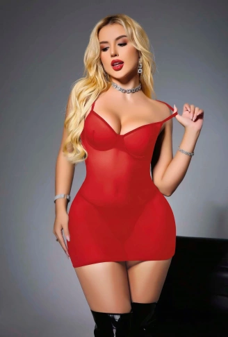 Kadın Kırmızı Transparan Kurdela Detaylı Arkası Çapraz Fantezi Kostüm 2249