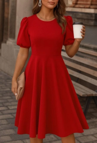 Kadın Kısa Balon Kollu Bisiklet Yaka Geniş Kesim Janjan Krep Elbise