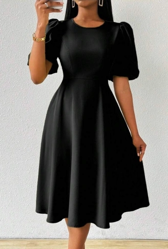 Kadın Kısa Balon Kollu Bisiklet Yaka Kiloş Janjan Krep Elbise