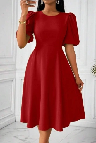 Kadın Kısa Balon Kollu Bisiklet Yaka Kiloş Janjan Krep Elbise